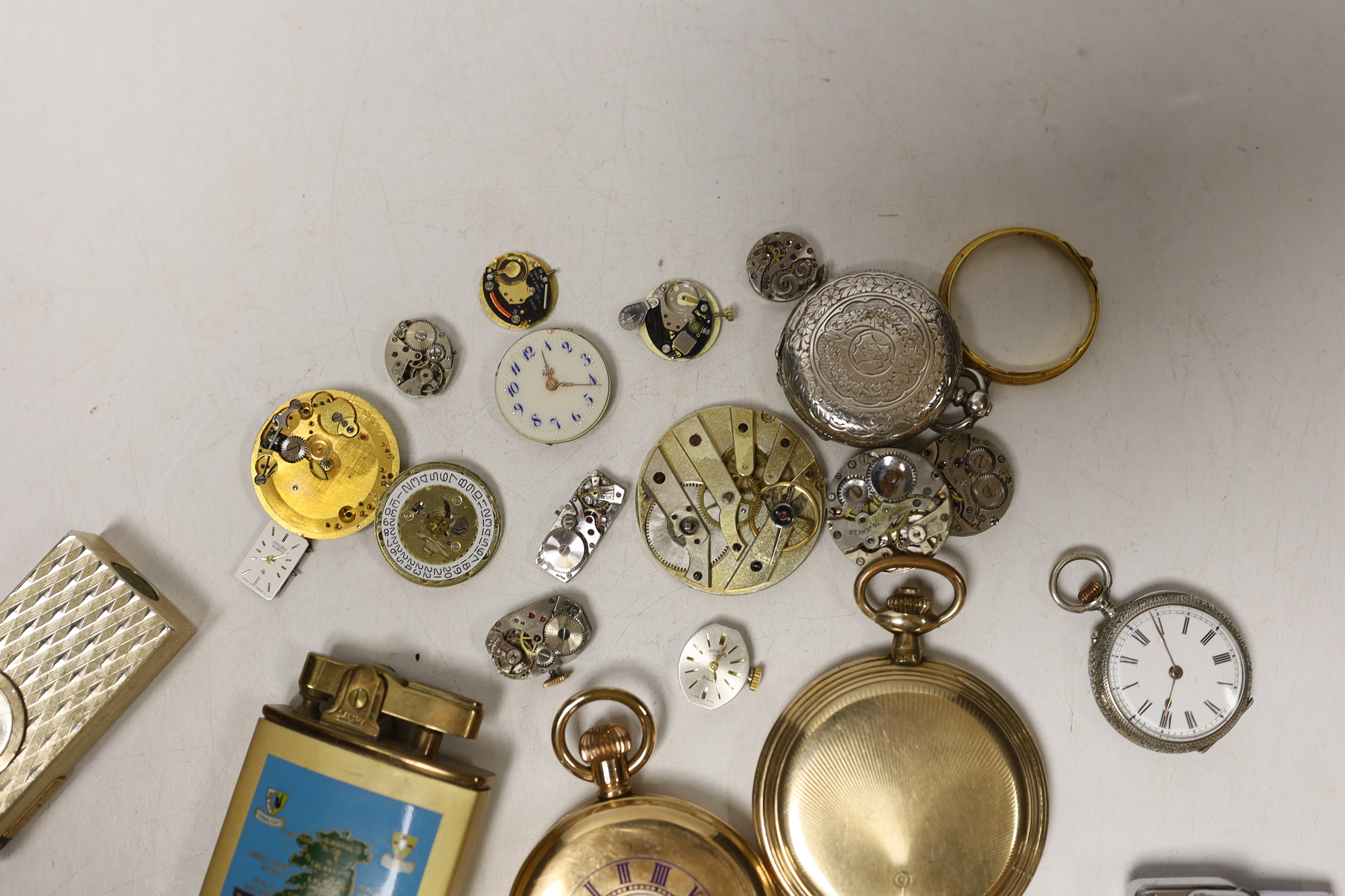 An assortment of pocket watches, lighters etc, including a gold plated half hunter.